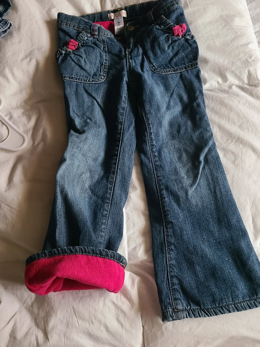 Old Navy Fleece Lined Dark Blue Denim Jeans with Pink Pocket Accents